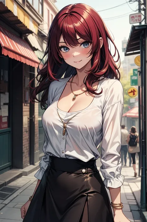 ((masterpiece, best quality:1.3, high detail)), beautiful woman, smile, looking at viewer, long wavy hair, (maroon hair), full-face blush, (white blouse), cleavage, ((long black skirt)), long skirt:1.3, necklace, bracelets, collarbone, outdoors, (night sky...