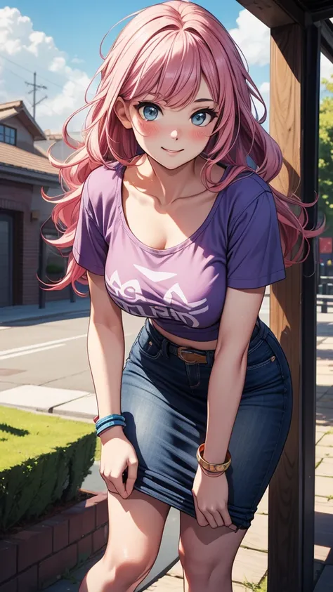 ((masterpiece, best quality:1.3, high detail)), beautiful woman posing by solar panels, leaning forward, smile, long wavy hair, (pink hair), (full-face blush), ((blue t-shirt), graphic tee), (long white midi pencil (skirt)), large breasts, jean skirt, skir...