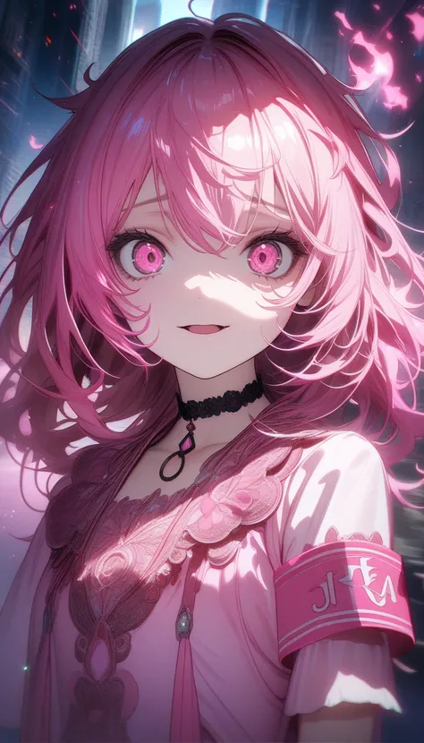 32k, best quality, ultra high res, HDR, UHD, extremely detailed CG, unity 32k wallpaper, highest quality, Intricate details, chromatic aberration, One girl, Long Hair, Pink Hair, Messy Hair, Pink highlights, Hair on one eye, Pink eyes, Sharp eyes, choker, ...