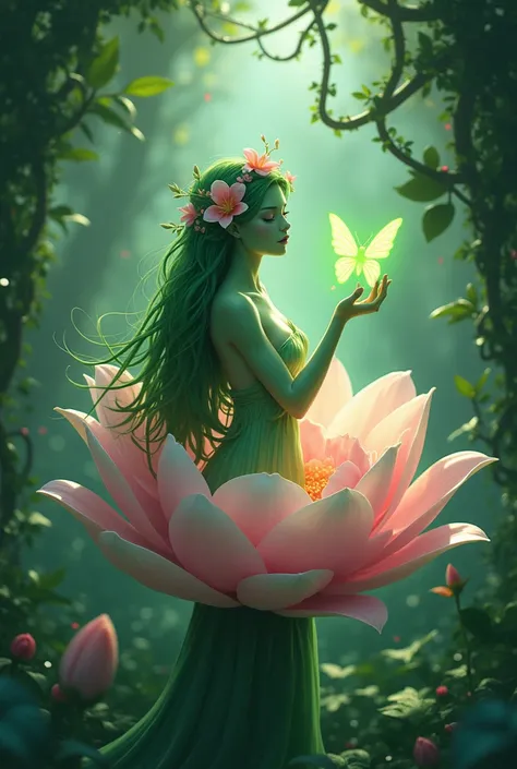 Digital fantasy artwork featuring a mystical scene in a lush, enchanted forest. At the center, a green-skinned female figure with long, flowing green hair adorned with flowers emerges gracefully from a large, blooming pink and white flower. Her attire appe...