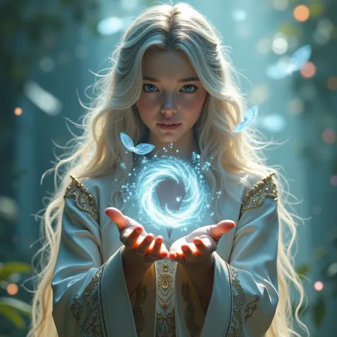 A beautiful magician girl in a magic robe holds a vortex of air in her hands