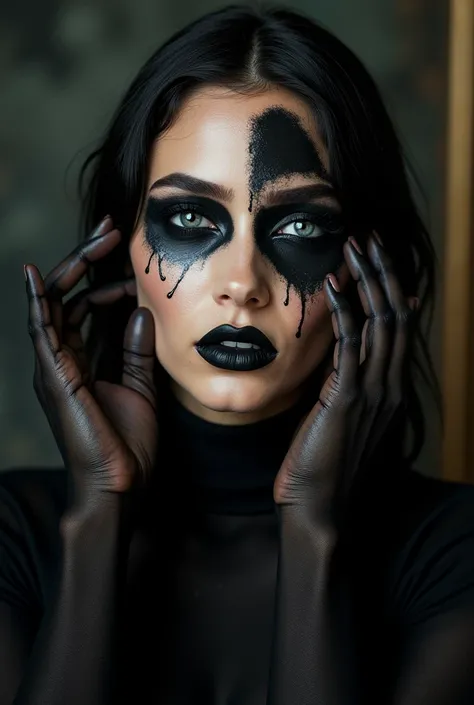 (real model) Image to put liquid black makeup on my face in my magazine/ catalog .  Model applying with your hands , a makeup on the face . thematic background. Makeup for people with Gothic style 