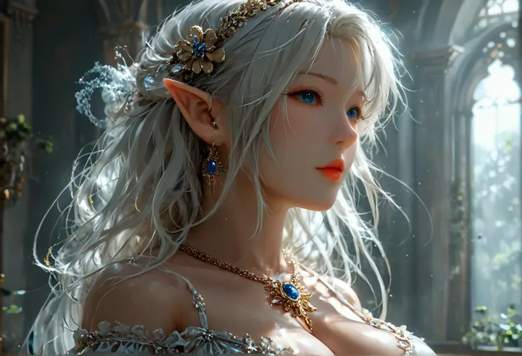 (8k, top quality, Masterpiece , Final Fantasy Style: 1.2),Atmospheric perspective, 8K, Very detailed, Accurate, Highest quality, masterpiece, Very detailedな,Sharp focus, High resolution, Waist shot of a female elf, Complex, Narrow Face, elegant, Wearing a ...