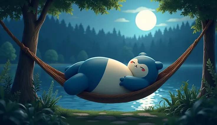 I want the image of an identical 3D snorlax Pokémon sleeping in a hammock at night in a relaxing forest , Behind I want to see a lake and the bright full Moon 