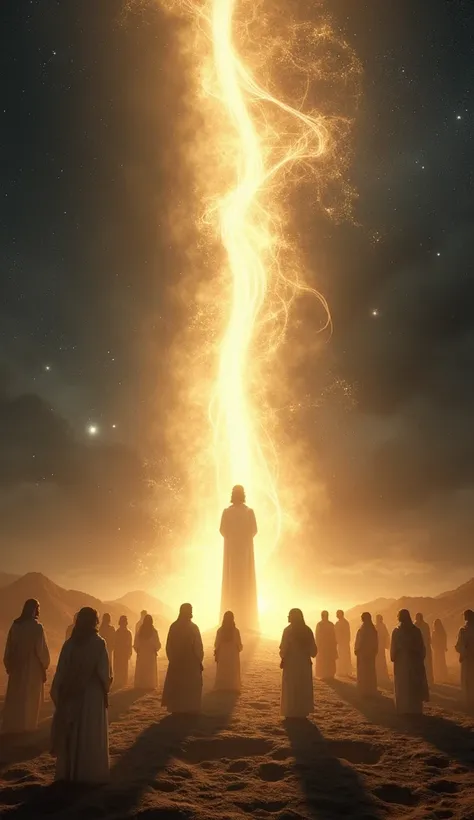  An ultra-realistic scene , 8k,  with depth 5D ,  depicting a luminous figure standing at the center of a vast dark expanse ,  symbolizing the origin of life .  The figure radiates an intense light , white-gold ,  that flows out ,  illuminating the faces o...