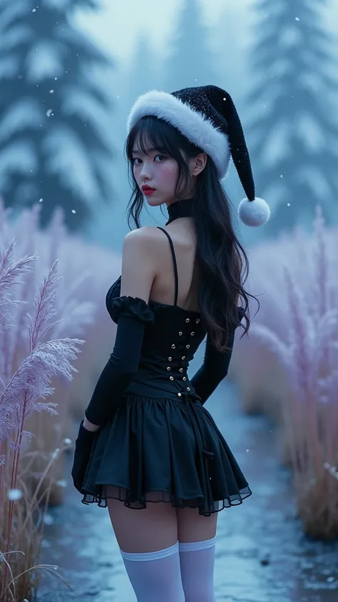 (Qingxu_Fotografía realista de retratos de belleza asiática_V11), (Qingxu_Fotografía realista de retratos de belleza asiática_F.11), Hermosa mujer japonesa in a black dress and a, (santa hat color negro) , white thigh length stockings , Miniskirt white, sh...