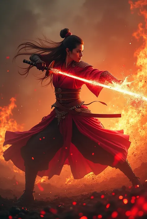  A beautiful and fierce female samurai warrior  ,  fights a bloody battle with her illuminated sword of red magic,Encounter of a powerful armed warrior , with filaments of fire flying around  , y in the middle of a burning village . fantasy style epic 