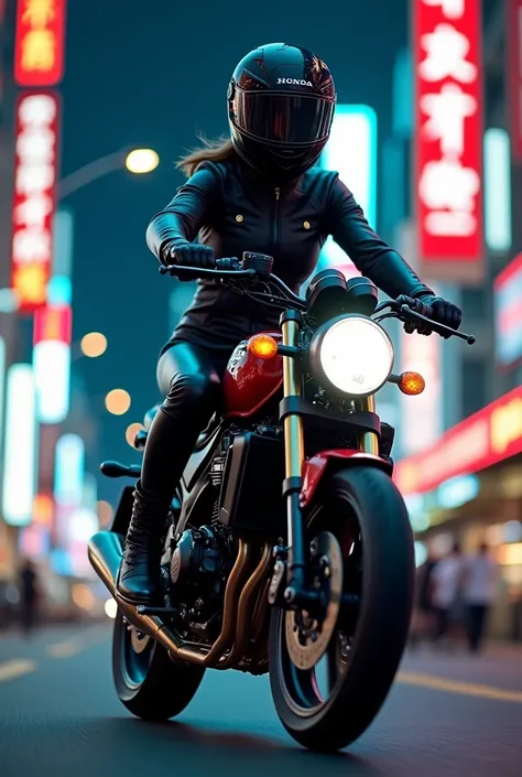 In a movie-like scene 、 A female rider riding a Honda XSR125 in style through the city 。 she is a full-face helmet、black leather rider suit 、 and wearing black leather boots 。 is lined with neon signs and skyscrapers in the background 、 the atmosphere of a...