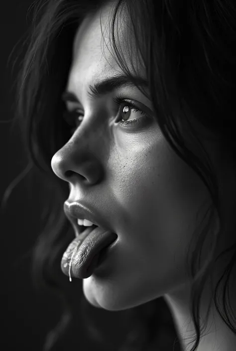 wet tongue, labios agrietados, natural teeth, soft leather, close up view,  black and white , side profile, hair out of frame , Interior environment,  soft lighting , minimal shadows,  mood texture, artistic approach ,  high contrast