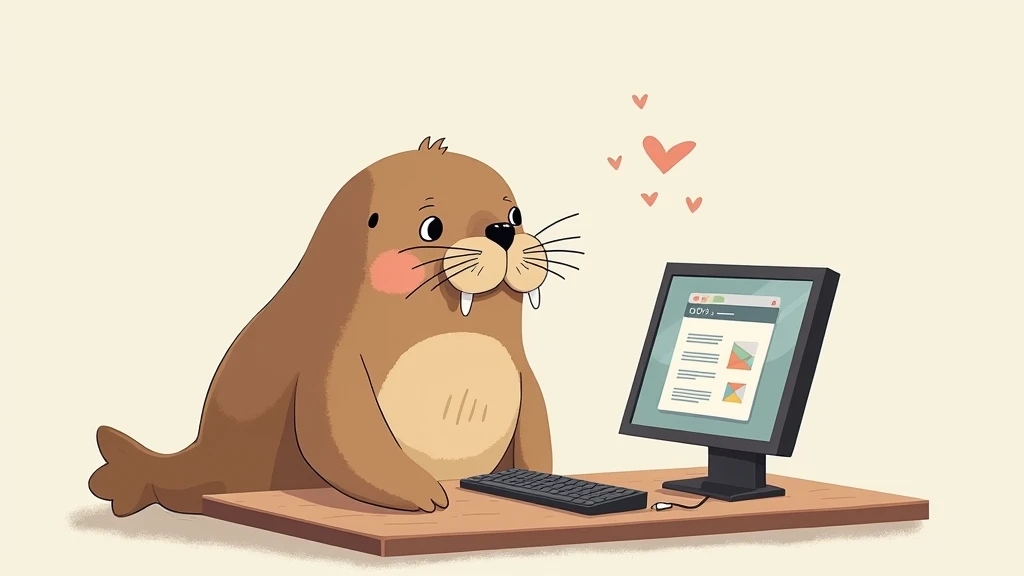 Office software is displayed on the PC screen、 cute illustration of a walrus looking at it