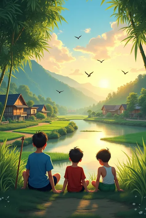 A serene rural village at sunrise, with golden light reflecting on a calm river. Lush green rice fields, bamboo groves, and a dirt path are visible. Three boys sit on the grass near the river, smiling and relaxed. The  wears a blue T-shirt and black shorts...