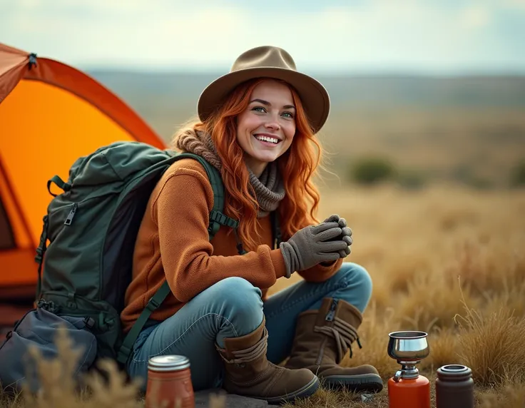 1 woman, green eyes, ((intense and detailed skin)), ((vibrant red hair)), camping, plains, outdoor, cheerful, happy, backpack, camping gear, tent, sleeping bag, camping stove, water bottle, hiking boots, gloves, sweater, hat, flashlight, plains landscape, ...