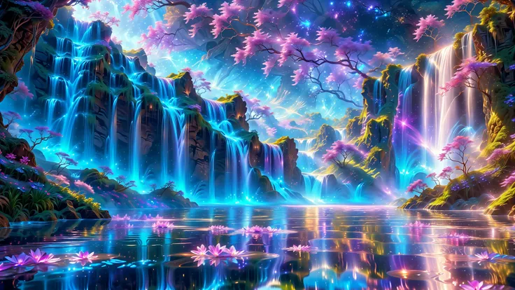 A Masterpiece In 32K Resolution, Supreme Quality, Super Detail, Official Art, Very High-Resolution 32K Wallpaper, Beautiful And Aesthetic, Ultra-Detailed Features, Awe-Inspiring Detail. A Towering Waterfall That Appears To Flow Directly From The Stars Abov...