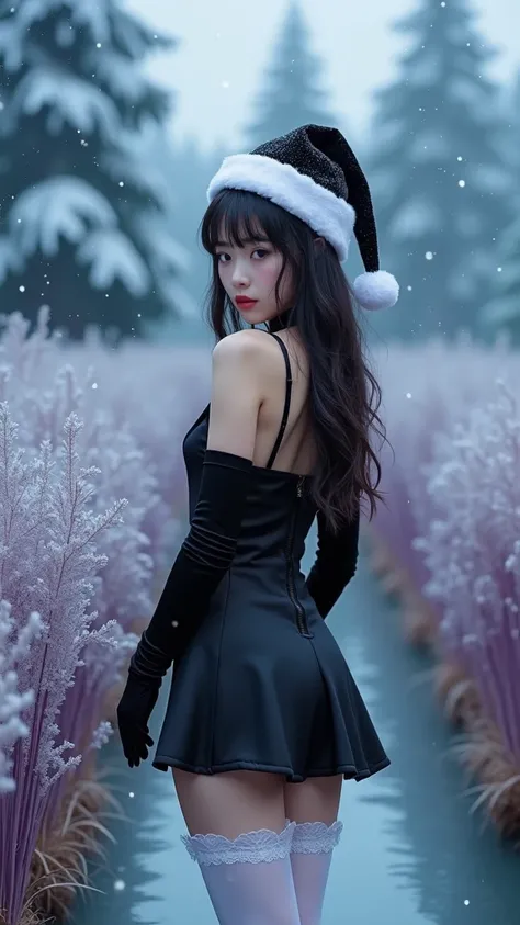 (Qingxu_Fotografía realista de retratos de belleza asiática_V11), (Qingxu_Fotografía realista de retratos de belleza asiática_F.11), Hermosa mujer japonesa in a black dress and a, (santa hat color negro) , white thigh length stockings , Miniskirt white, sh...