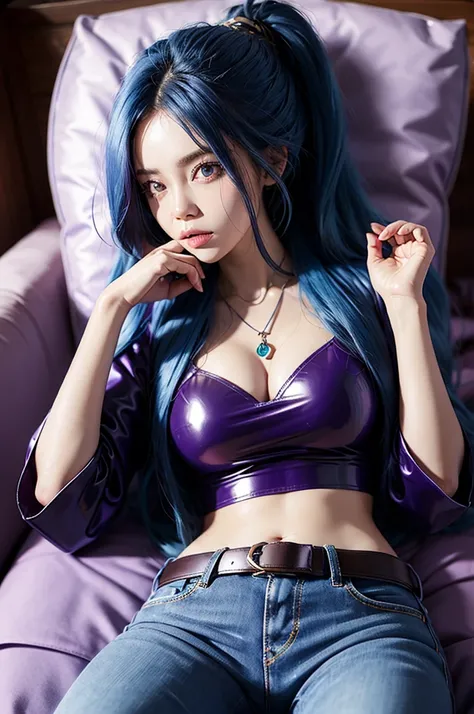 SCHALA, long blue hair, ponytail, purple eyes, purple long sleeved latex top, midriff, navel, long jeans, belt, big pendant, lying on bed, relaxed face, hands behind pillow, royal room