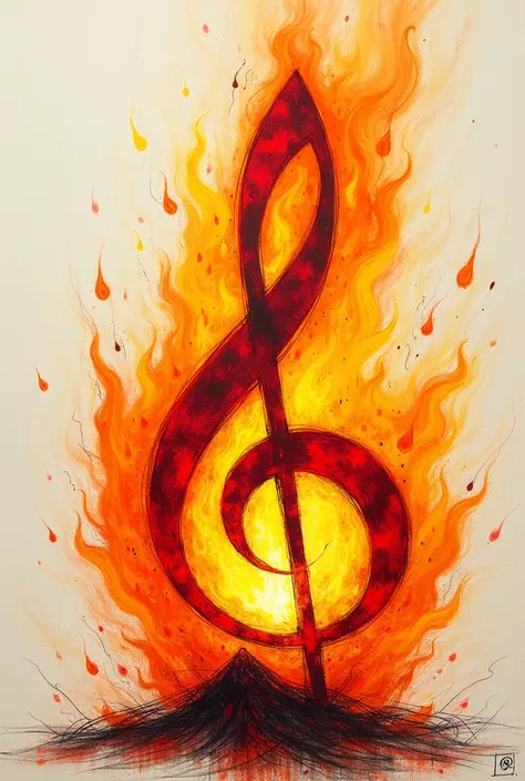 Sketch in simple lines of a musical clef of the sun in flames or fire with a balance of justice.