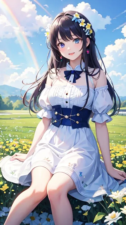 Score 9 up, score 8 up, score 7 up, (best quality), ((masterpiece)),Anime, cute "A surreal girl, , is sitting in a vast flower field. She is holding a colorful bouquet, and in the background there is a blue sky with floating white clouds. The girl is weari...