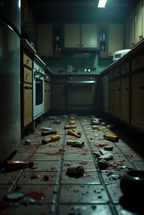 A dirty kitchen , food on the floor ,  broken plates on the floor and beer bottles on the floor.  Its nighttime and the image looks realistic 