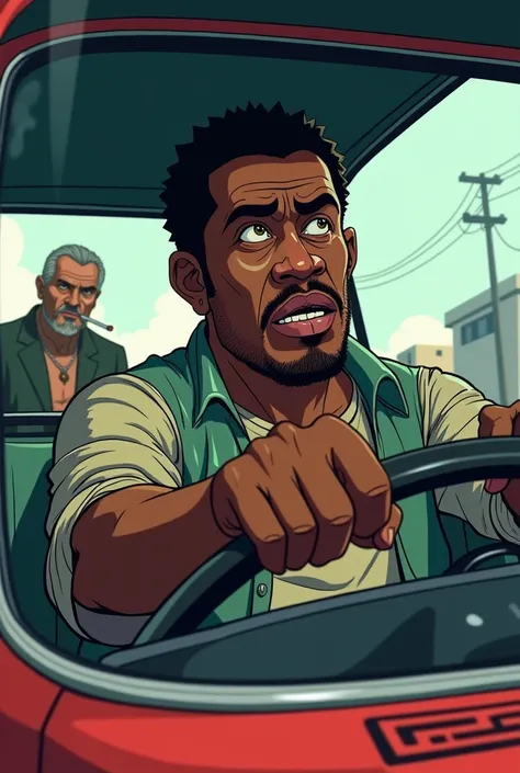 Create a cartoon image of a black man over 40 driving a scared ordinary 80s car and behind it a face of an Italian mobster smoking and looking at it like a game cover 