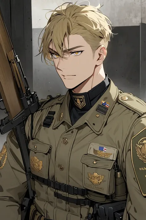 blond, man, short hair, military, golden eyes, rifle, plaque militaire, débardeur 