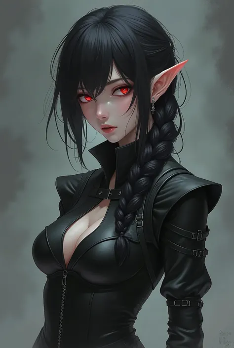 Image is a digital illustration featuring a fantasy character with a dark, mystical theme. The subject is a female figure with pale skin and striking red eyes, exuding an intense and enigmatic aura. Her long, dark hair is tousled and flows down her shoulde...