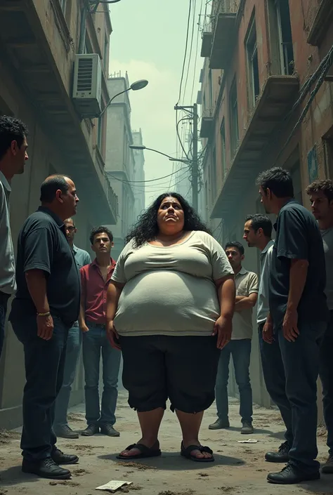  An image of a woman standing in a corner of an oppressed street , crying because shes obese ,  and people looking at her with a contemptuous face , others, laughing and whispering at the fact that shes obese 