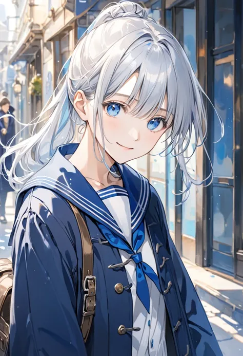 Long silver hair tied in a ponytail, bright blue eyes, a gentle smile, a sailor uniform and a duffle coat,