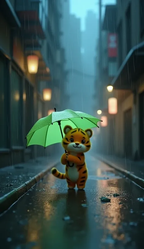  imaginary　night　rain　 Dark Buildings Back Street Alley 　Light Green Umbrella 　 cute　 Light Green Mofu　Little tiger 