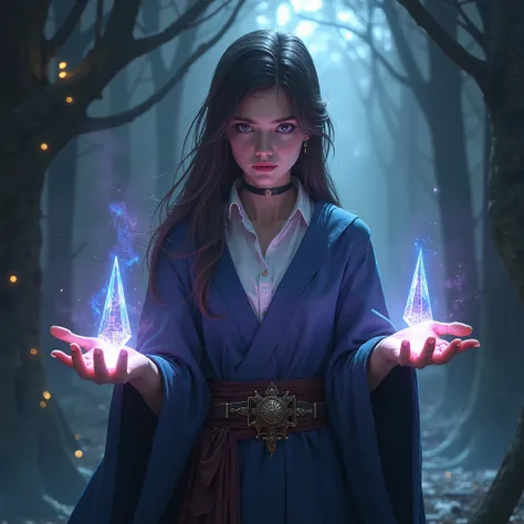 A young beautiful magician girl holds magical stone spikes in front of her