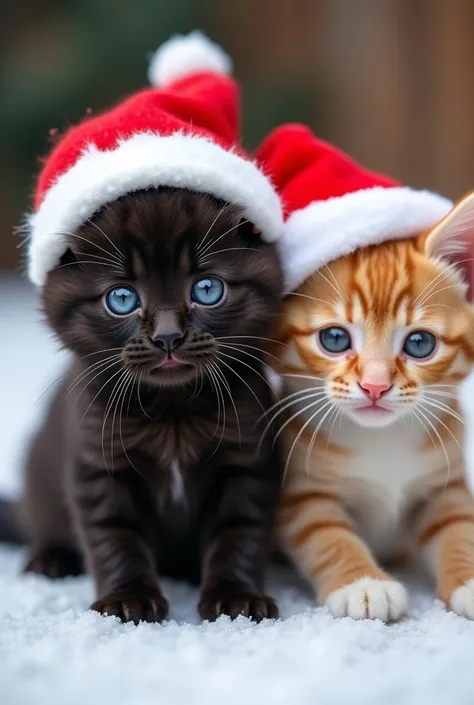 
In the center ,  there is a black kitten ,  small and cuddly wearing a fleece snow cap. At your side, a light orange kitten ,  also small and cuddly ,  with a Santa Claus hat and a white beard , which makes him look even more adorable .