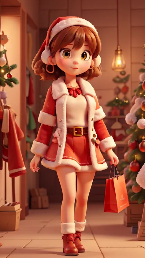  super high definition 、 REAL PHOTO、( Extremely Detailed CG Unity 8K Wallpaper 、masterpiece)、(Best lighting、 Best Shadow、 very delicate and beautiful)、 Petite female Santa Claus with short hair、 Red and white Santa Claus motif、Fluffy white earmuffs、 Red mi...