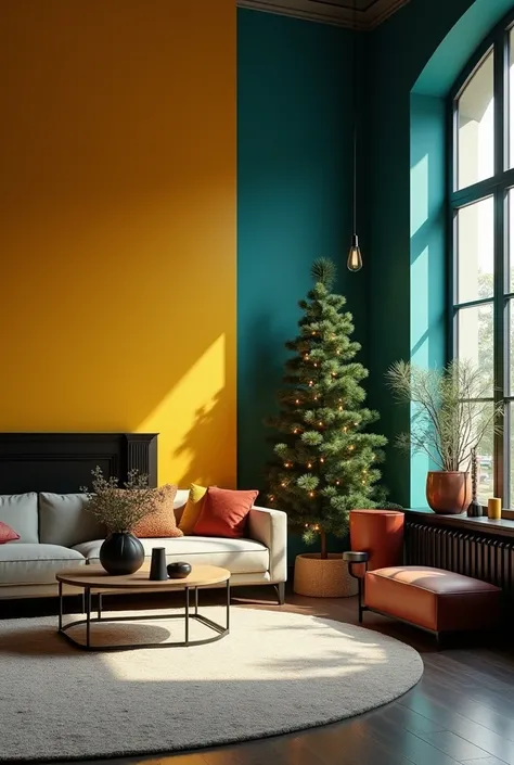 Paint the lower half of the wall teal and the upper half mustard yellow, then complement with black fixtures to create a striking visual impact.
Christmas living room