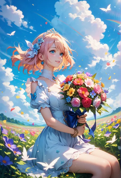 Score 9 up, score 8 up, score 7 up, (best quality), ((masterpiece)),Anime, cute "A surreal girl, , is sitting in a vast flower field. She is holding a colorful bouquet, and in the background there is a blue sky with floating white clouds. The girl is weari...