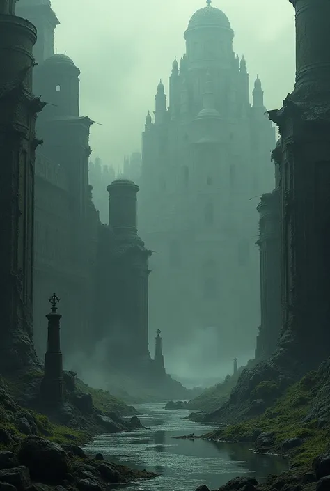  Image of a large old city destroyed,  with mysterious elements ,  like broken statues and enigmatic symbols.  The scene is dark and hazy , and the city is partially submerged .