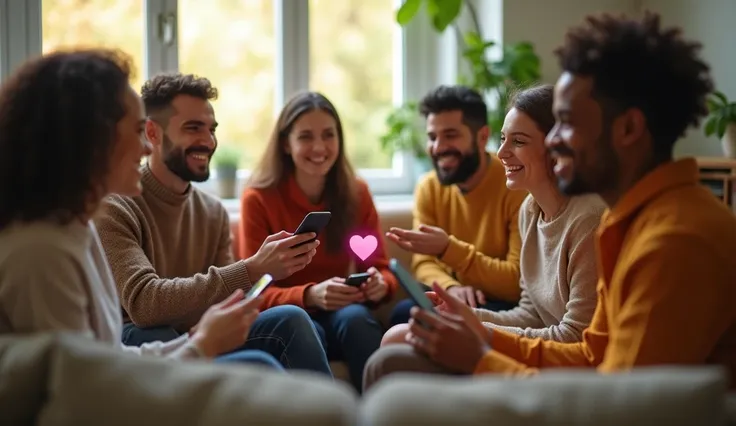 A group of diverse people sitting together in a bright, welcoming room, smiling and interacting as they share their thoughts. One person is holding a smartphone, showing a video with a heart-shaped like icon on the screen, symbolizing engagement and suppor...