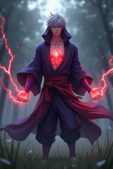 Image is a digital artwork featuring a male character standing in a dynamic pose in a grassy field with a blurred forest background. The character has light skin and short, spiky silver hair. He is wearing a dark purple hooded robe with a deep V-neck, reve...