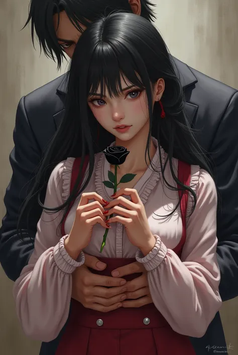  Beautiful girl with long black hair with a pale pink blouse and a red jumpsuit in her hair,  she is holding a black rose and the thorns make her hand bleed . Behind her an imposing man holding her neck  