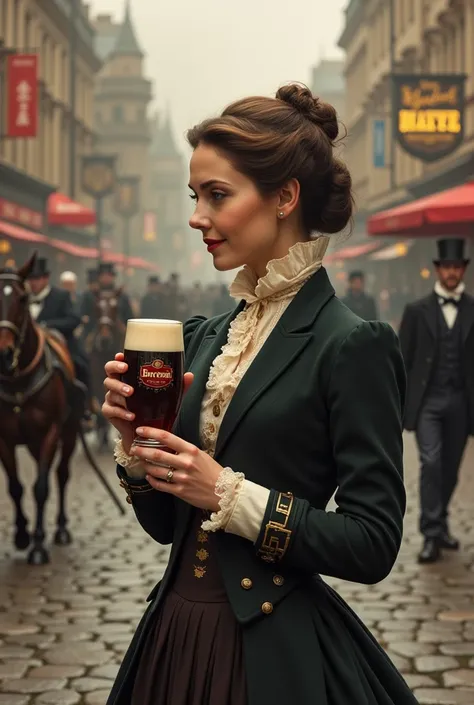 Create a square image of a woman drinking bitter English beer with the name Birrenta on London street in the 19th century