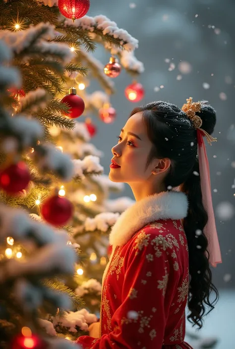 A 25-year-old Chinese woman,  wearing a beautiful Christmas costume ,  is standing before a majestic Christmas tree decorated with bright and colorful ornaments.  She observes with admiration the beauty of the tree ,  whose branches are covered with snow ....