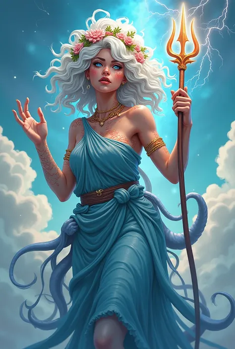 Goddess. anime style. Fluffy white cloud hair. Electric blue eyes. Laurel wreath made of coral around head. Blue Toga made of water. Brown earthy skin, skin is cracked like pottery, cracks are filled with red magma. Tentacles poking out from beneath dress....