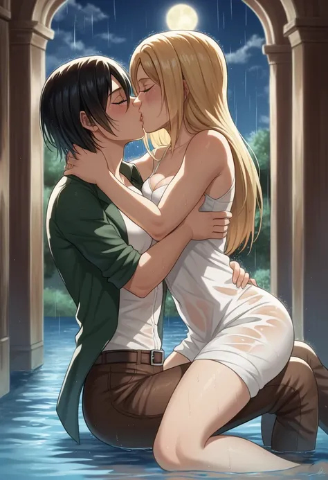 score_9, score_8_up, score_7_up, BREAK source_anime, historia reiss, blue eyes, blonde hair, long hair, medium breasts, long white dress sleeveless,female black hair soldier hugs historia,Mikasa with historia hugs,mikasa wreanig open green jacket and black...