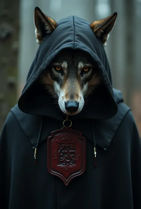 Make me an image about the play Riding Hood . Let there be a wolf ,  that is mysterious and has a touch of subtle shiver along with a red and bloody badge about the impurity and evil it has, that has a black cap .