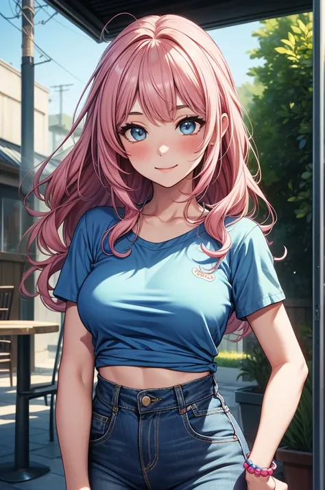 ((masterpiece, best quality:1.3, high detail)), beautiful woman posing by solar panels, smile, long wavy hair, (pink hair), (full-face blush), ((blue t-shirt), graphic tee), (long white midi pencil (skirt)), large breasts, midi jean skirt, skirt belt, tigh...