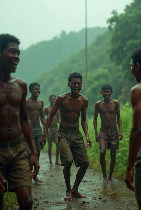 (photorealism:1.2),  slaves playing in the rain,dimalaysia,tahun 1980an, heavy rain, those merry 