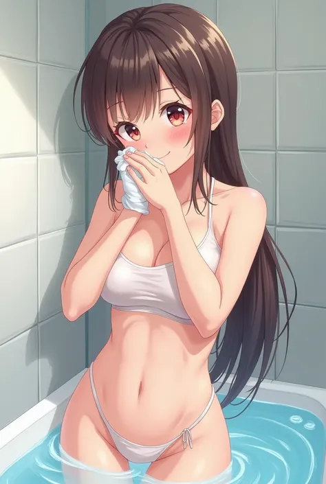 Teenage anime girl with good body bathing. She is soaping up her tits 