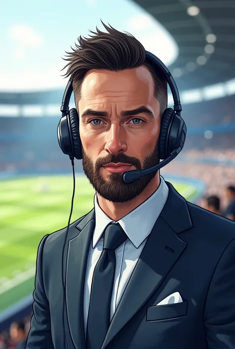  A soccer narrator wearing a suit and tie wearing a broadcast headset,  short hair and a tuft in the front ,  his hair color is very black , He is 30 years old and wears a beard . Drawing Format 