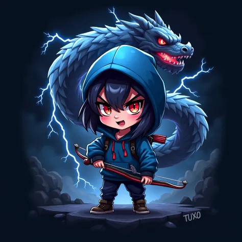  a team logo for the match,  chibi,  close archer evil dark woman wearing a blue hoodie holding a bow, Lightning everywhere and a heavenly dragon, Tuxo written in the image . dark image,
