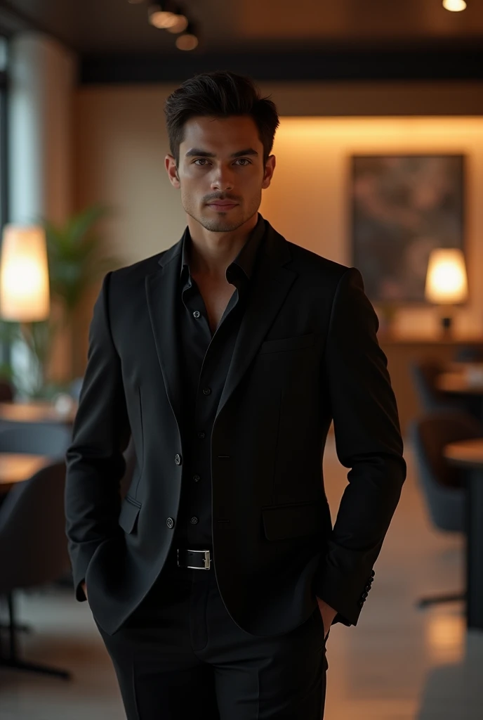 young handsome Thai man in his 20s with dark skin, athletic body and wearing a black elegant vest suit, standing with his hands in his pockets in a stylish office at night, solo, detailed, masterpiece, blur, high resolution