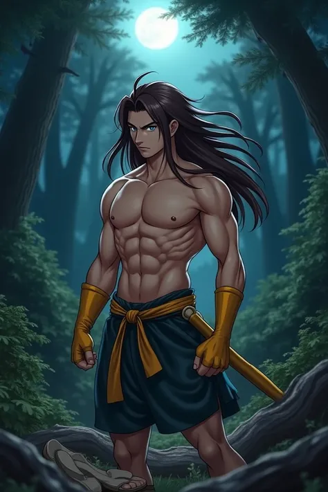 reality,  1 man , Hayate ( Street Fighter EX2 ),  Anime Handsome Man , Dark brown long straight hair,  Light Blue Right Eye ,  Light Blue Left Eye ,  yellow short samurai fingerless gloves,  Japanese Short Sandals , Clothes I threw all on the floor , naked...