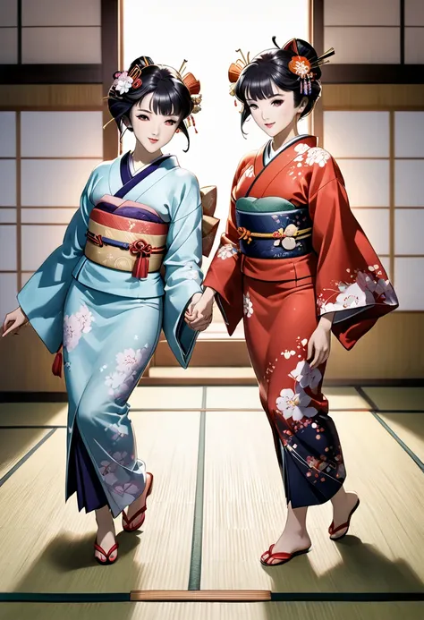 A hyper-realistic depiction of two elegant maiko (apprentice geisha) gracefully performing a traditional dance on a tatami mat floor. They are dressed in elaborate kimonos with vibrant patterns, their hair styled in traditional fashion adorned with kanzash...